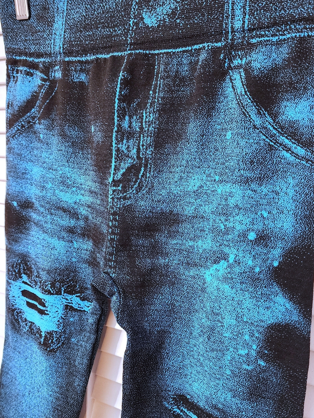 Blue Distressed Jeggings - Stretch Denim-Look Leggings, High Waisted - Picture 5 of 9